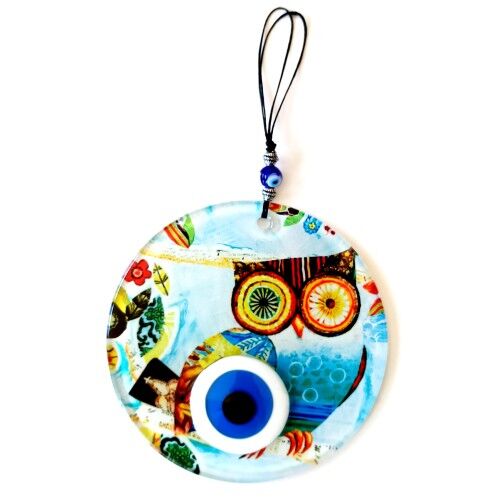 Bilgin Baykuş Nazar Boncuklu 12 Santimetre Füzyon Cam Duvar Süsü