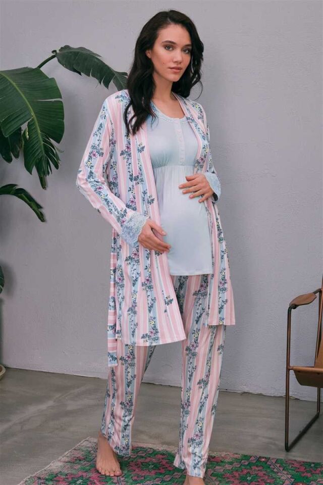 Kadın Viskon Hamile Lohusa Dantelli Sabahlık Önden Açılan Emzirme T-Shirt ve Pantolon Pijama 3'lü Takım (5651)