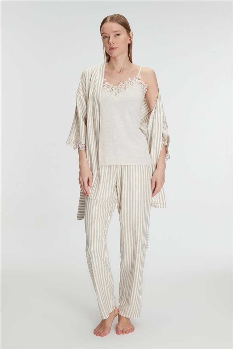 Anıl Kadın 3’lü Sabahlık, Atlet ve Pantolon Takımı Dantel Detaylı, Gecelik Set 11215