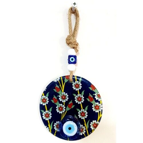 Çiçek Desenli Lacivert Nazar Boncuklu Füzyon Cam Duvar Süsü