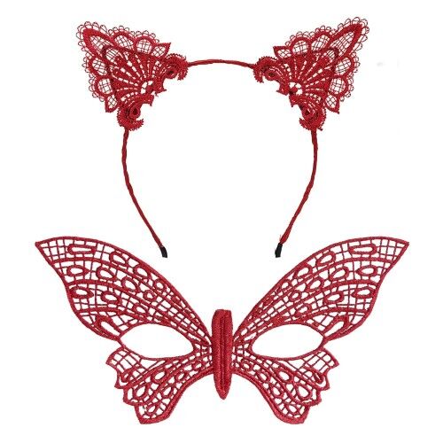 Gösterişli Kırmızı Dantel Maske ve Taç Seti 7 No – Masquerade ve Davetler için