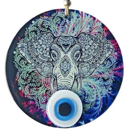 Fil Figürlü Nazar Boncuklu Füzyon Cam Duvar Süsü