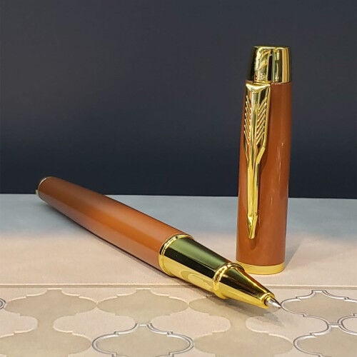 Toptan Kutulu Altın Şeritli Deri Defter Ve Kahverengi Metal Roller Kalem Set