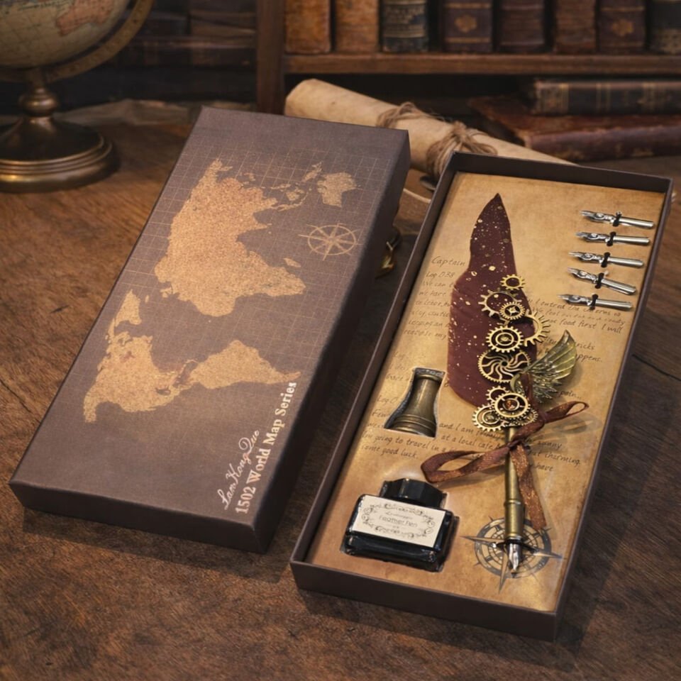 Vintage Tüylü Divit Kalem Hediye Seti