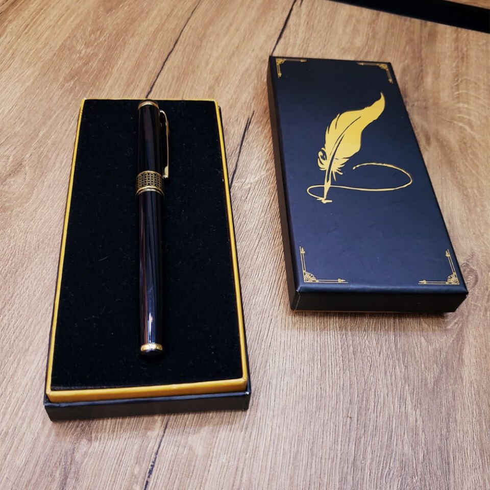 Siyah Kutulu Yaldız Desenli Metal Roller Kalem Seti