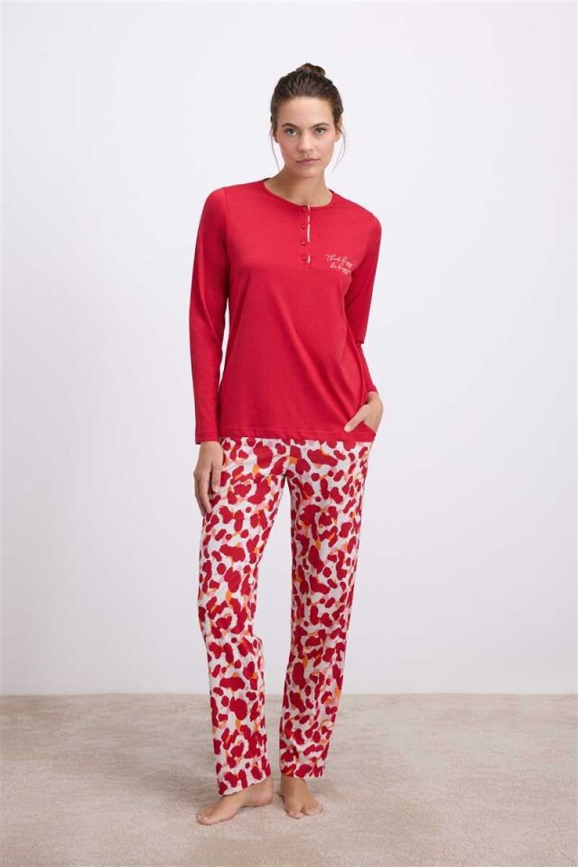 Anıl Kadın Uzun Kollu T-Shirt ve Desenli Pantolon Pijama Takımı Nefes Alabilen Kumaş 11562