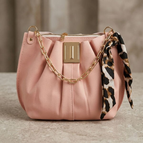 Leopar Desenli Fular Detaylı Pudra Pembesi Çanta