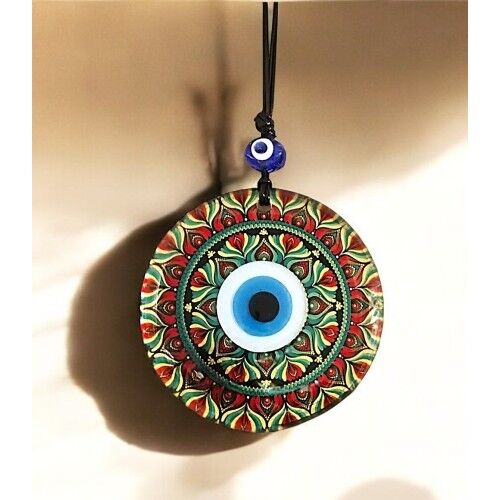 Kırmızı Çiçek Desenli Ve Nazar Boncuklu El Yapımı Füzyon Cam Duvar Süsü