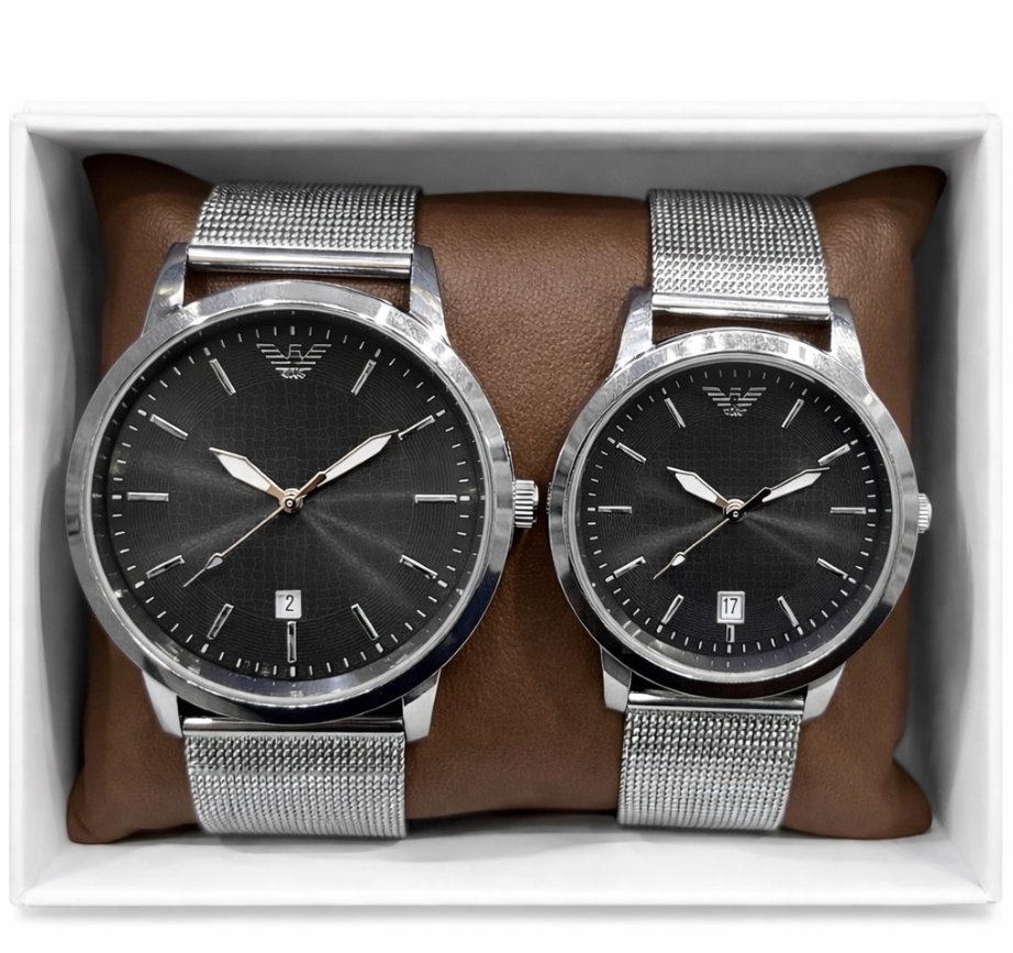 Metal Hasır Kordon Çift Saat Seti