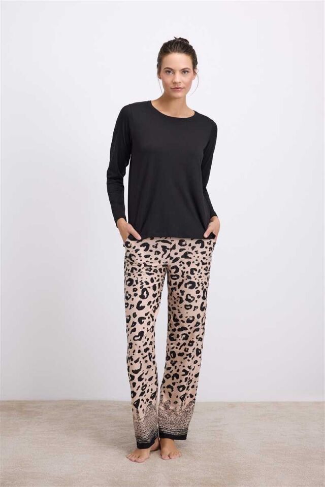 Anıl Kadın Uzun Kollu Leopar Desenli T-Shirt ve Pantolon Pijama Takımı (11538)