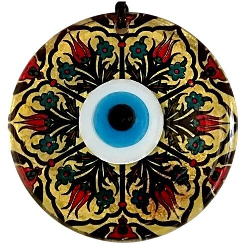 Lale Desenli Altın Varaklı Nazar Boncuklu Füzyon Cam Duvar Dekoru