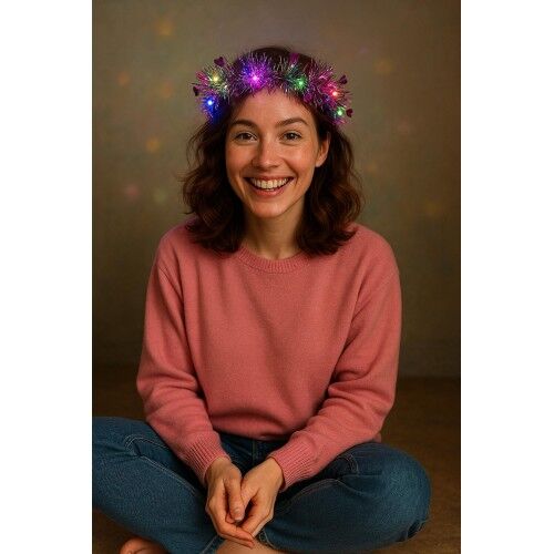 Kalp Püsküllü Gece Parıltısı 3 Modlu LED'li Işıklı Taç Fuşya Renk