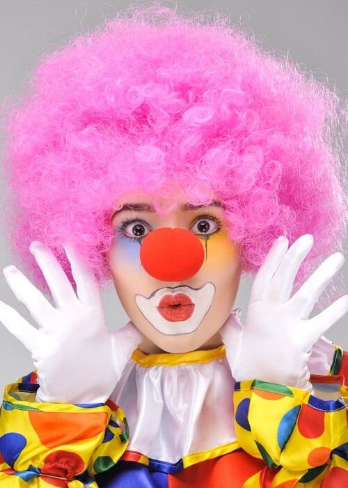 Pembe Renk Kıvırcık Bonus Peruk ve Kırmızı Burun Seti