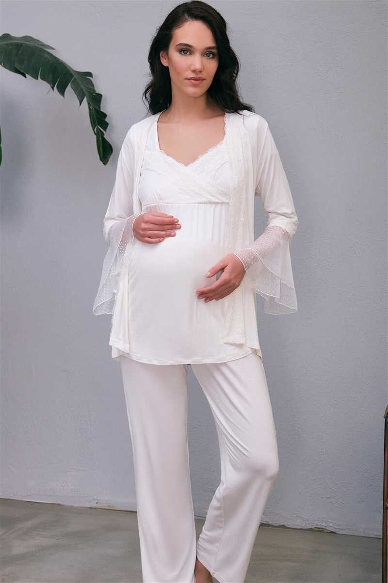 Kadın Viskon Hamile Lohusa Dantelli Sabahlık Önden Açılan Emzirme T-Shirt ve Pantolon Pijama 3'lü Takım (5648)