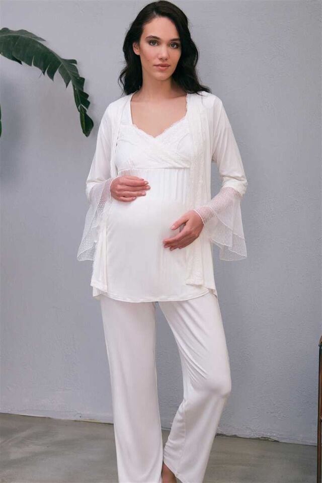 Kadın Viskon Hamile Lohusa Dantelli Sabahlık Önden Açılan Emzirme T-Shirt ve Pantolon Pijama 3'lü Takım (5648)