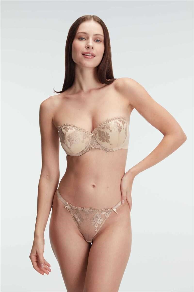 Anıl 4835 Fantezi Straplez Çiçek Desenli Destekli Balenli Kaplı Dantel Detaylı Sütyen String Takım İç Çamaşırı Takımı