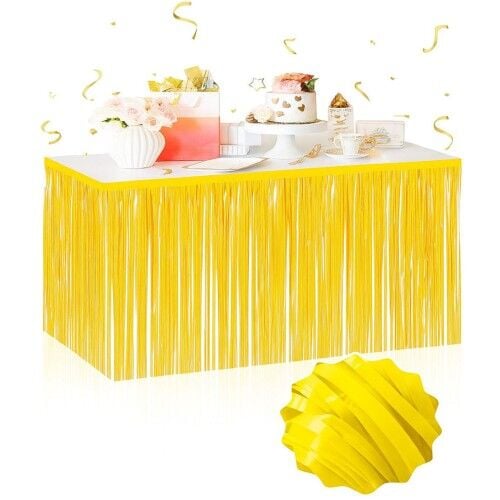 Kendinden Yapışkanlı Makaron Sarı Püsküllü Masa Eteği – 75 x 275 cm Parti Süslemesi