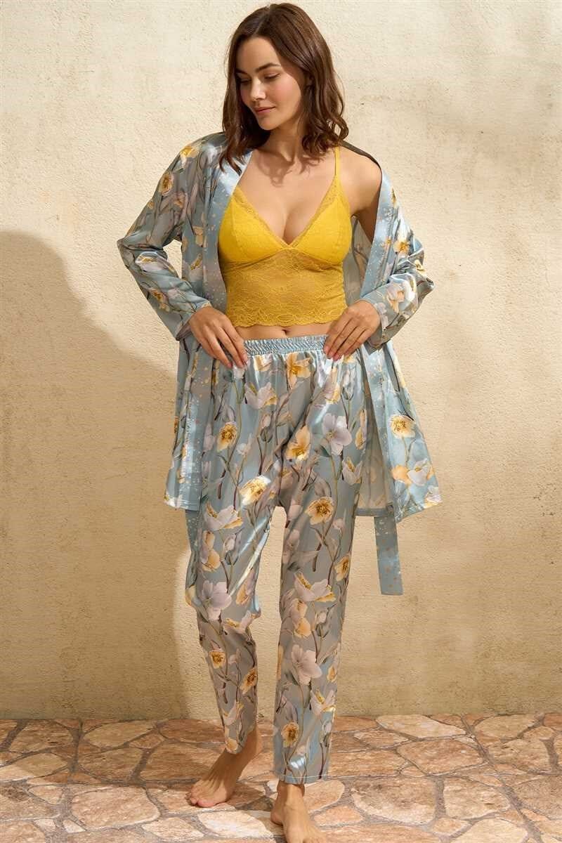 Kadın Saten Çiçek Baskılı Sabahlık Balensiz Desteksiz Dolgusuz Dantelli Bralet Sütyen ve Pantolon Pijama 3'lü Takım (5690)