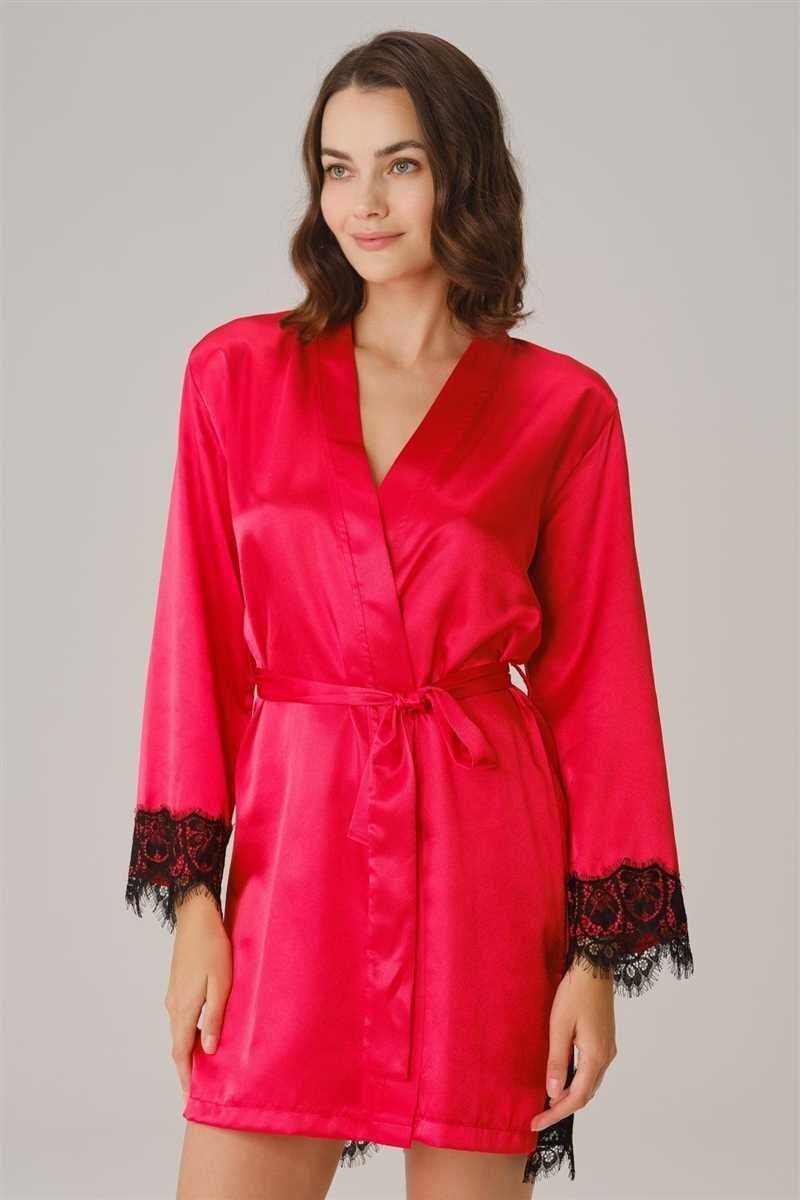 Kadın Saten Sırt Detaylı Dantelli Sabahlık ve String Takım (5738)