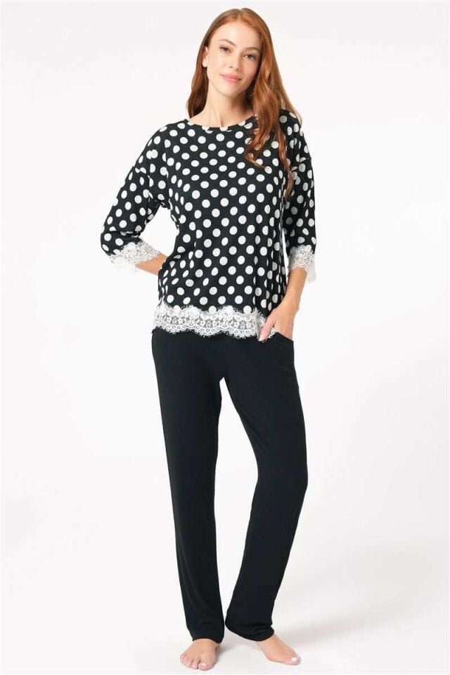 Kadın Viskon Puantiyeli Uzun Kol Dantelli Sweatshirt ve Pantolon Pijama Takım (9760)