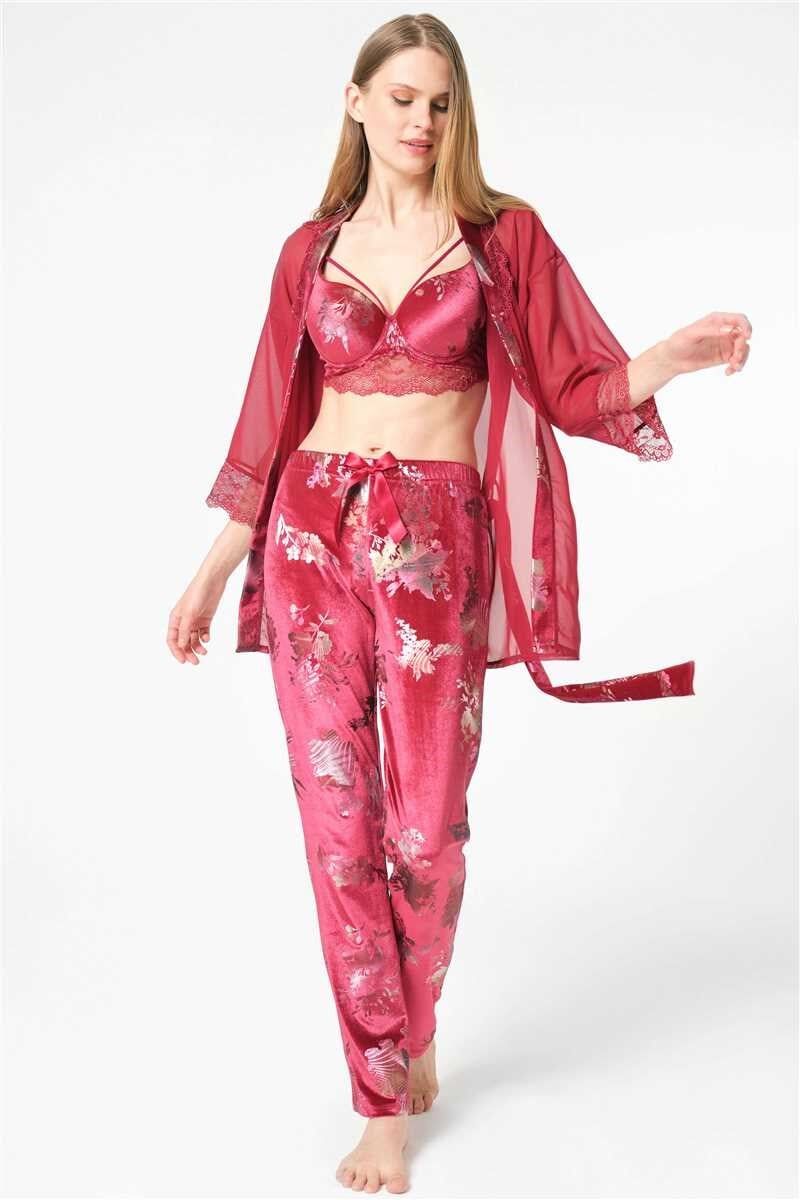 Kadın Tül Dantelli Sabahlık Balenli Destekli Dolgulu Yaka Detaylı Çiçek Baskılı Kadife Büstiyer Sütyen ve Pantolon Pijama 3'lü Takım (5696)