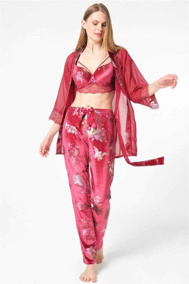 Kadın Tül Dantelli Sabahlık Balenli Destekli Dolgulu Yaka Detaylı Çiçek Baskılı Kadife Büstiyer Sütyen ve Pantolon Pijama 3'lü Takım (5696)