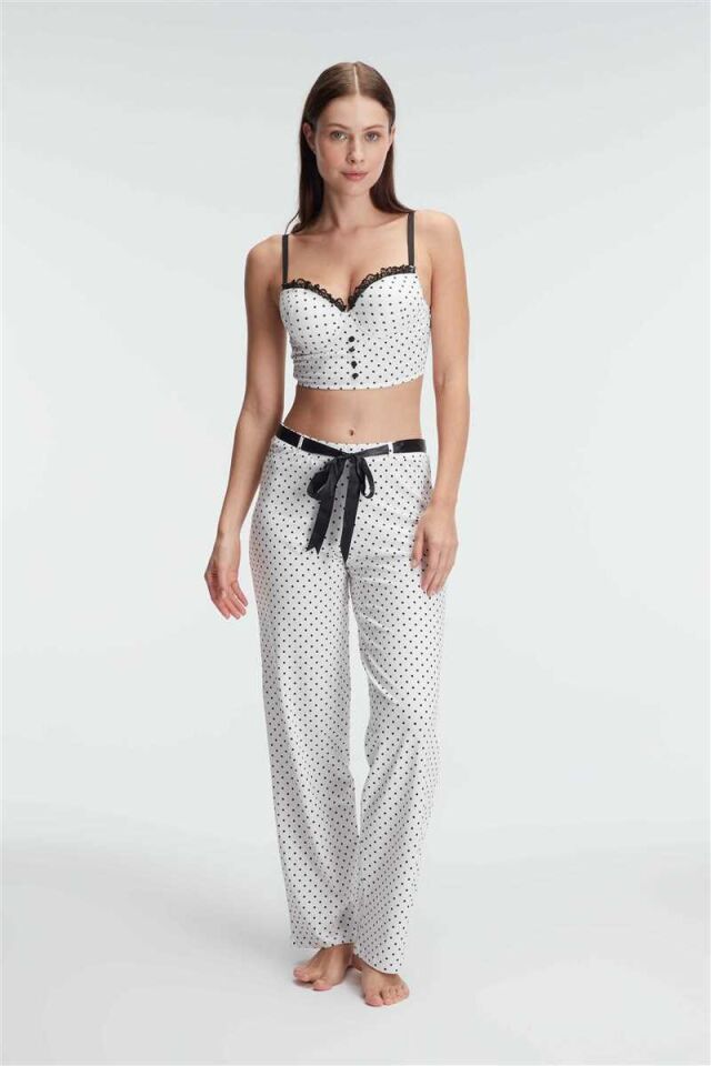 Fantezi Bralet Sütyen Pamuklu Puantiye Desenli Desteksiz Dantel Detaylı Pijama Takımı Anıl 4125