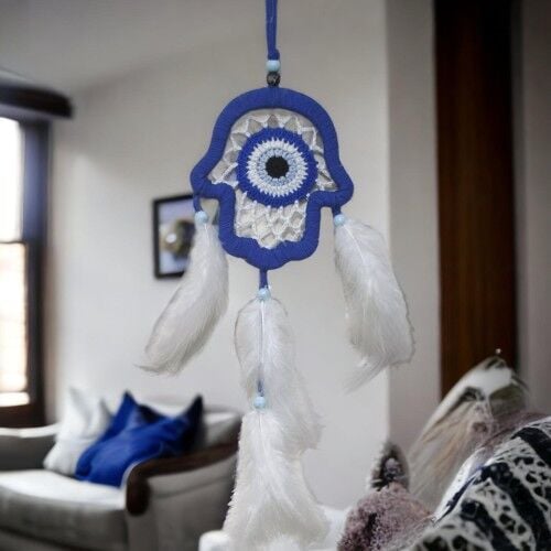 Nazar Boncuğu Motifli Mavi Fatma Ana Eli Duvar Süsü