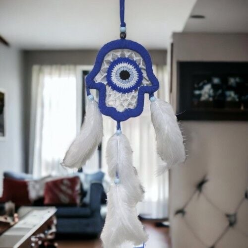 Nazar Boncuğu Motifli Mavi Fatma Ana Eli Duvar Süsü