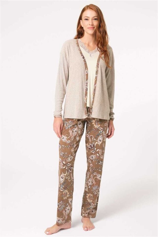 Anıl 5798 Kalın Askılı V Yaka Viskon Çiçek Desenli Kışlık Örme Normal Bel Düğmeli Dantel Detaylı Pijama Takımı Sabahlık