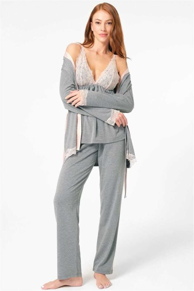 Anıl 5803 Kalın Askılı V Yaka Viskon düz Kışlık Örme Normal Bel Dantel Detaylı Pijama Takımı Sabahlık