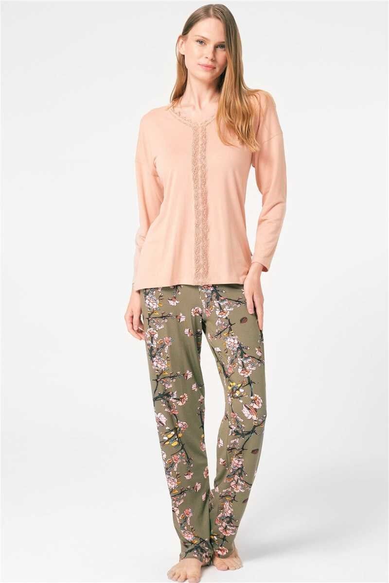 Anıl 9843 Uzun Kol V Yaka Viskon Çiçek Desenli Kışlık Örme Normal Bel Dantel Detaylı Pijama Takımı