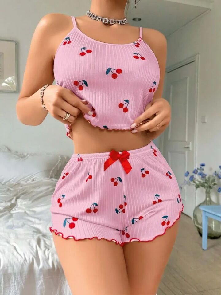 2Lİ Kirazlı Şortlu Pijama Takım L-XL