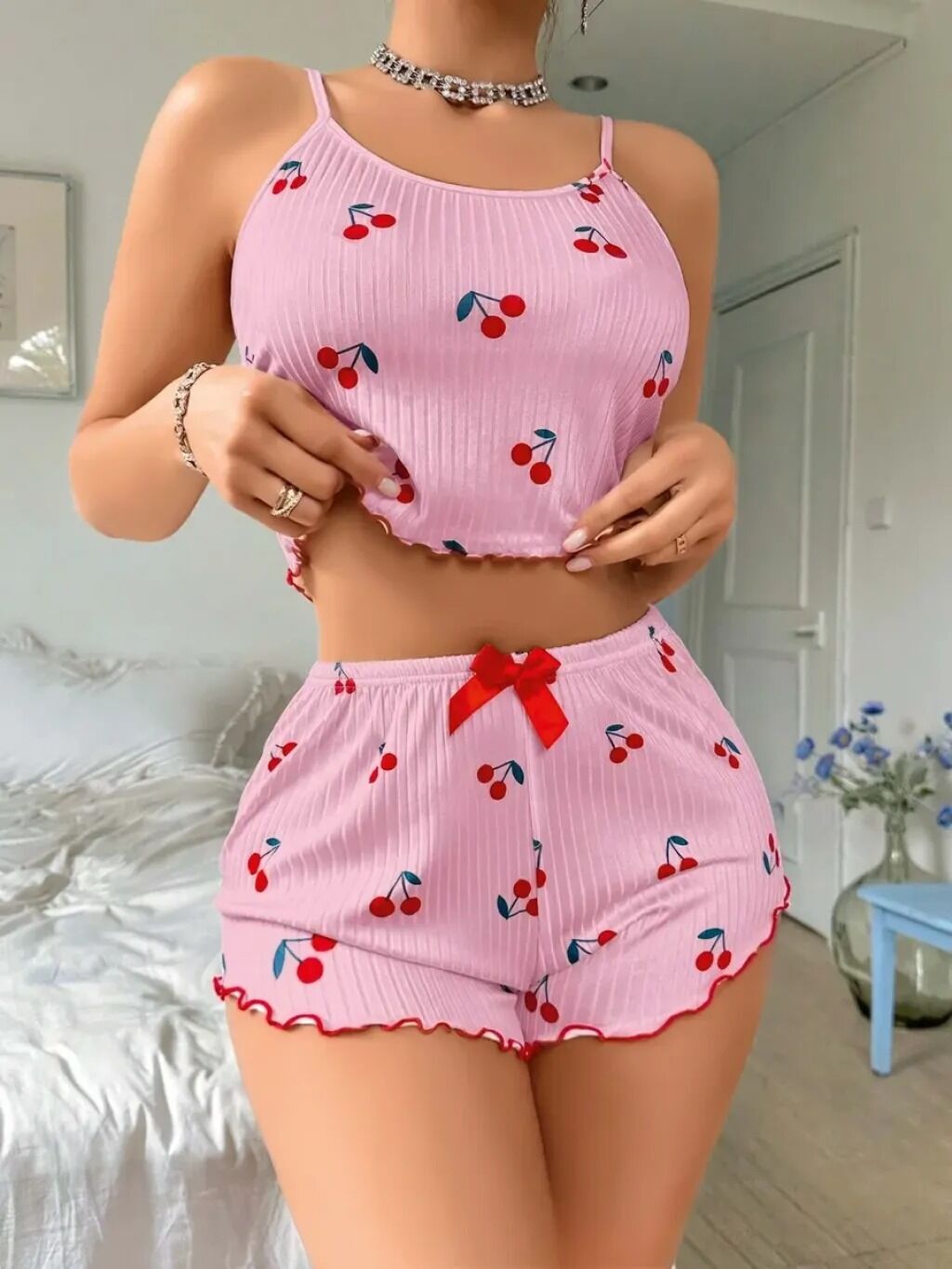 2Lİ Kirazlı Şortlu Pijama Takım S-M