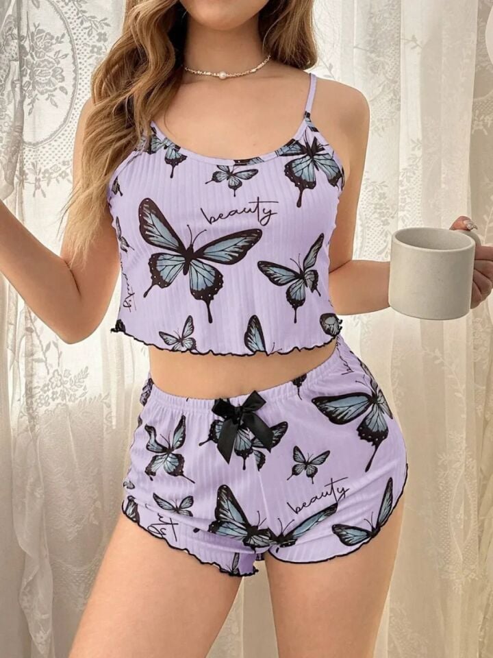 Mor Yumuşacık 2Lİ Şortlu Pijama Takımı