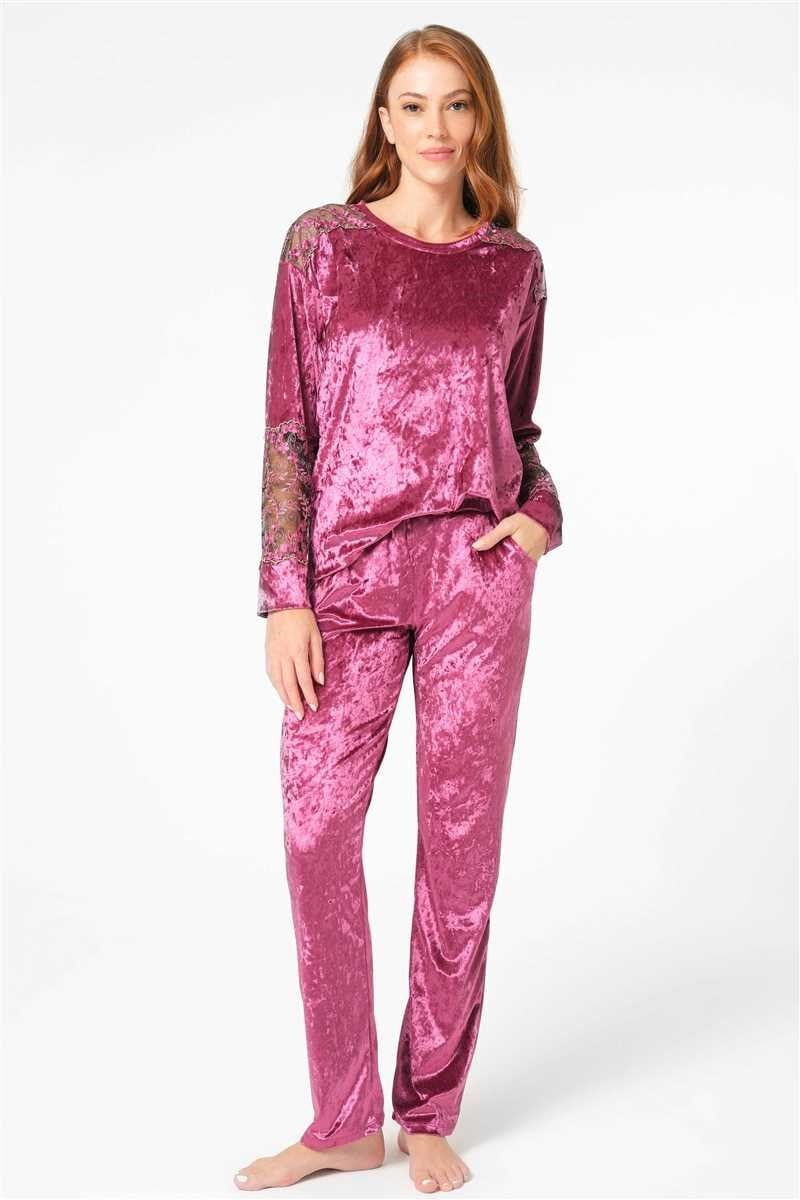 Anıl 9862 Uzun Kol Bisiklet Yaka kadife Jakar Desenli Kışlık Örme Normal Bel Dantel Detaylı Pijama Takımı