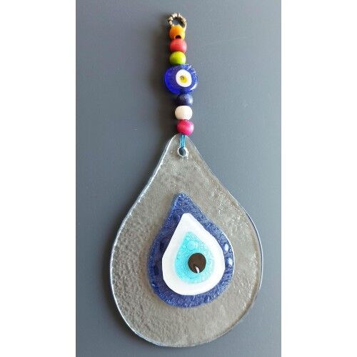 Damla Modeli Nazar Boncuklu Şeffaf Cam El Yapımı Duvar Süsü