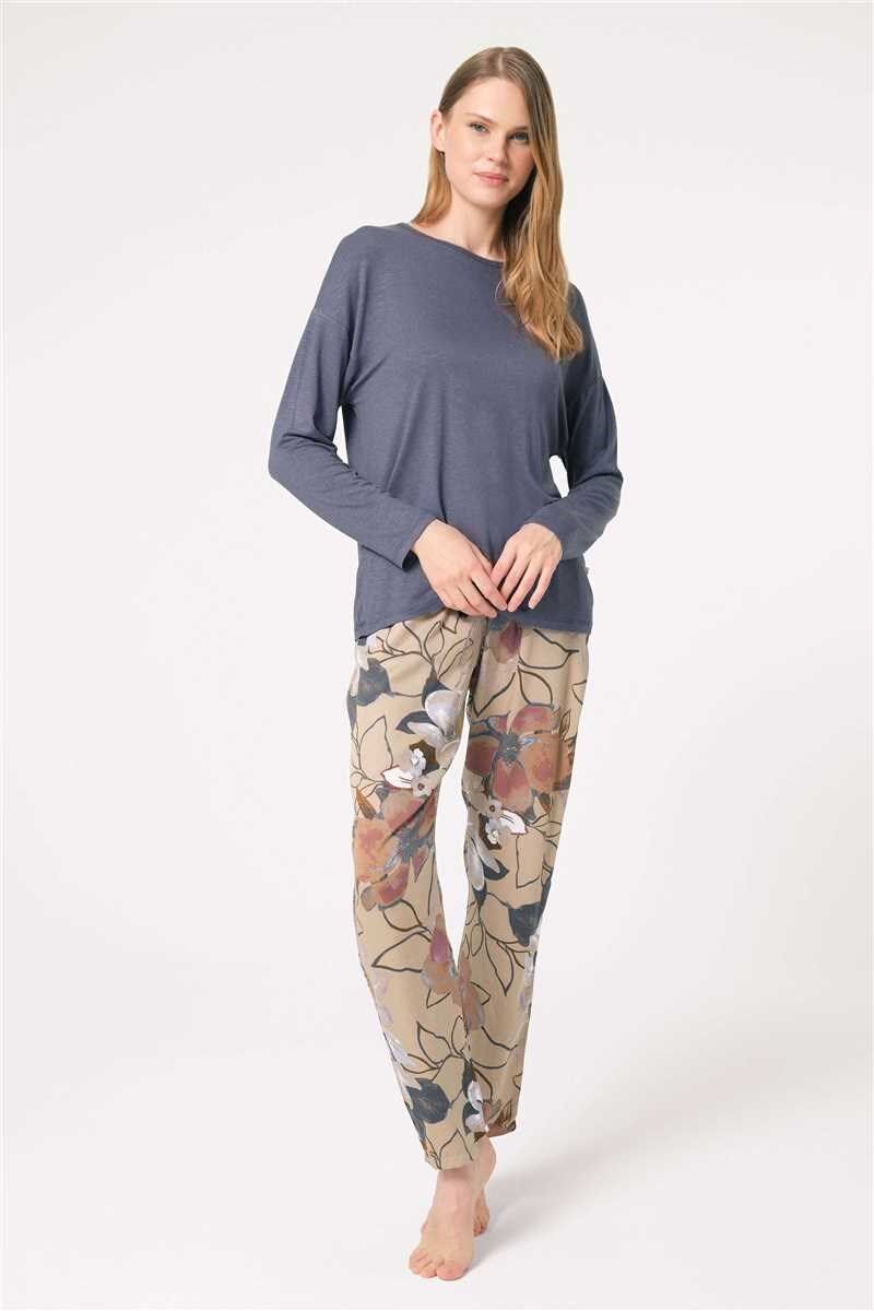 Anıl 9836 Uzun Kol Bisiklet Yaka Viskon Çiçek Desenli Kışlık Örme Normal Bel Dantel Detaylı Pijama Takımı