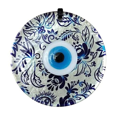 Nazar Boncuklu Yaprak Desenli Gümüş Rengi Füzyon Cam El Yapımı 12 Cm Duvar Süsü Nazarlık Hediyelik Eşya