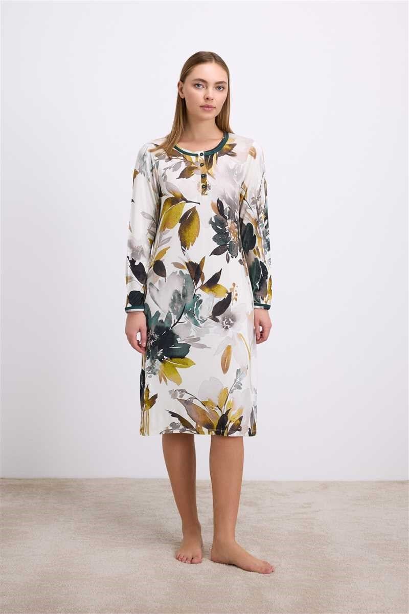 Anil Kadın Uzun Kollu Çiçek Desenli Lenzing Viskon, Düğmeli Yaka Detaylı Gecelik 11553