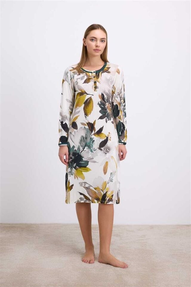 Anil Kadın Uzun Kollu Çiçek Desenli Lenzing Viskon, Düğmeli Yaka Detaylı Gecelik 11553