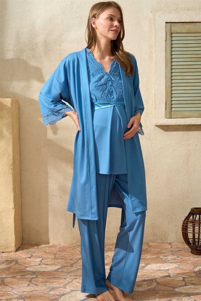 Sıfır Kol V Yaka Kadın Viskon Düz Yazlık Uzun Dantel Detaylı Hamile Pijama Takımı Sabahlık Anıl 5771