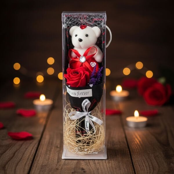 Şeffaf Kutulu Ayıcıklı Gül Buketi