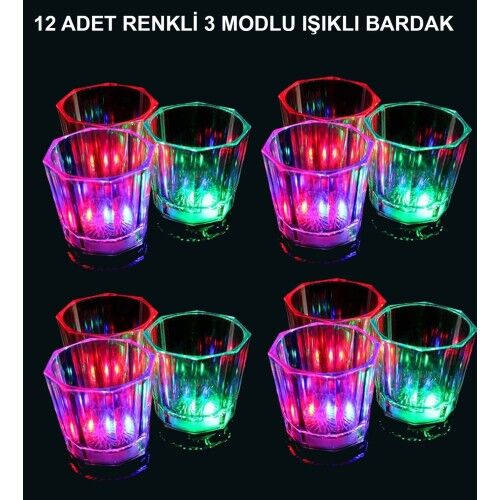 LED Işıklı Eğlence Bardakları - 3 Modlu Renk Değiştiren Bardak 12 Adet