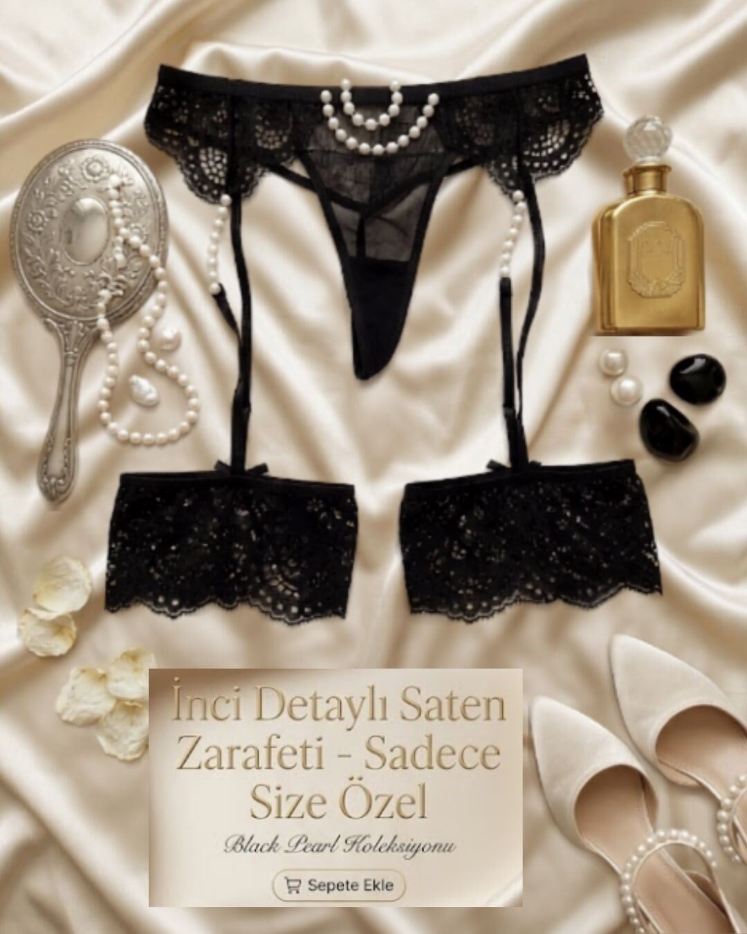 Fantazi İncili Dantelli Jartiyer Külot Siyah PT5684