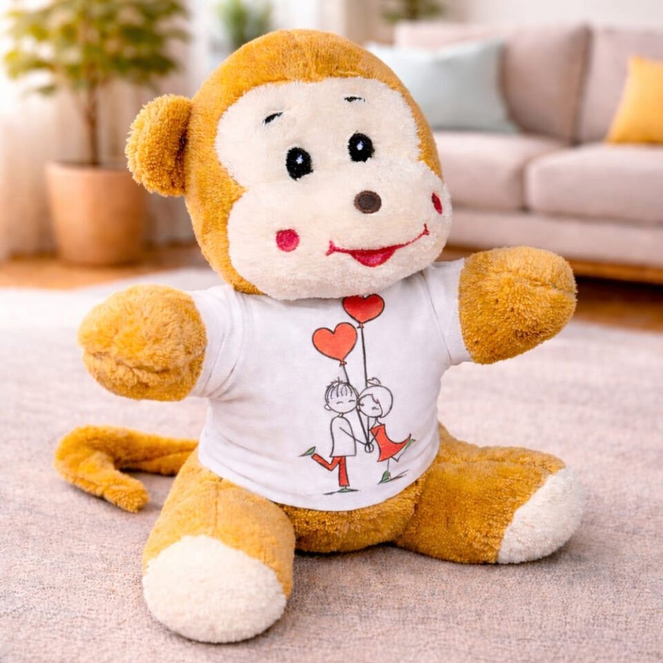 Mutlu Aşıklar Tasarım Tişörtlü Sevimli Peluş Maymun