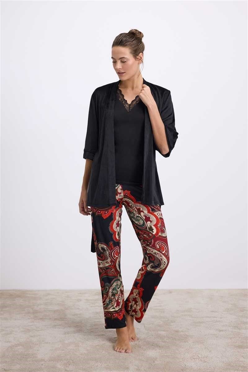 Anıl Kadın Desenli Pantolonlu 3’lü Set – Sabahlık, Dantel Detaylı Atlet ve Pantolon Takımı (11546)