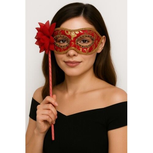 Lüks Taşlı Saplı Maskeli Balo Maskesi Kırmızı Renk 35 cm