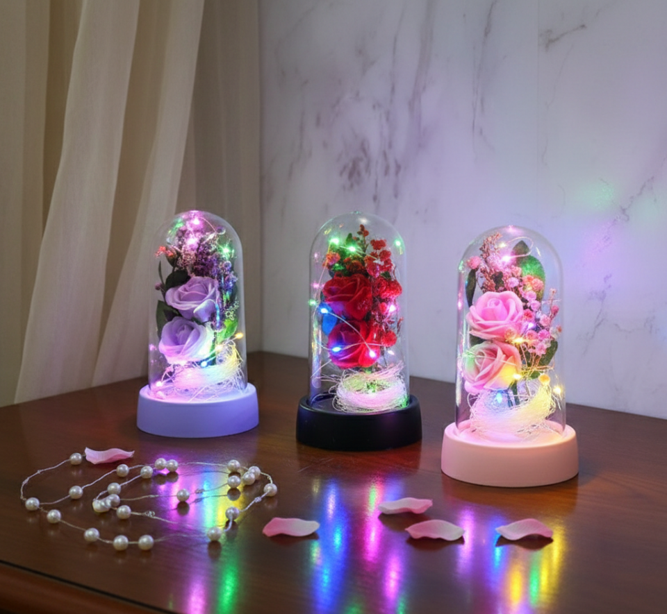 Işıklı Müzikli Romantik Fanus Tekli Gül