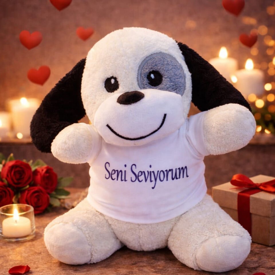 Seni Seviyorum Tişörtlü Sevimli Benekli Peluş Köpek
